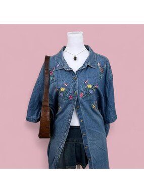 90s denim floral embroidered butterfly plus size whimsical cottagecore jean shir